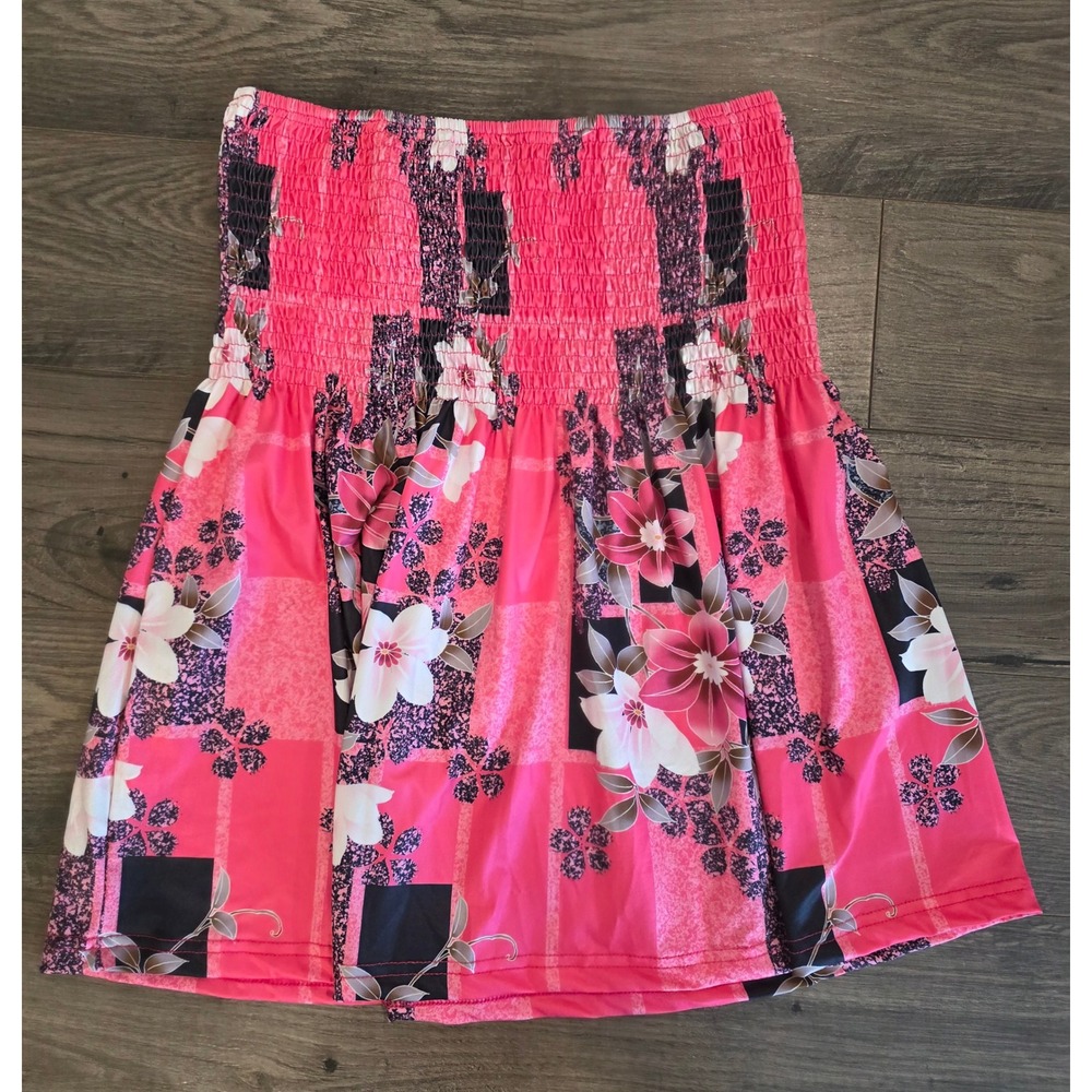 Womens sz M Pink Floral Smocked Strapless Tube Top Tropical Hibiscus Summer Boho